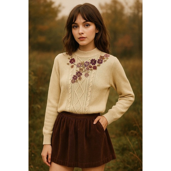 Alfred Dunner Womens Embroidered Cable Knit Sweater L Beige Cottagecore Fall - Picture 1 of 9